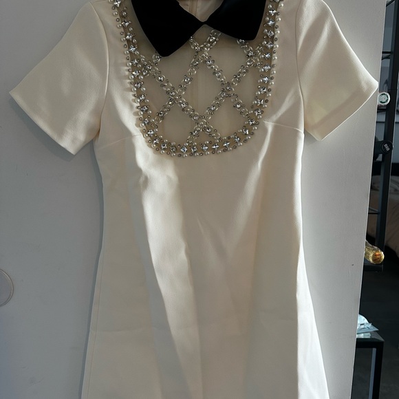 Cream Mini Dress with Black Peter Pan Collar for Wedding Guest - Picture 5 of 6